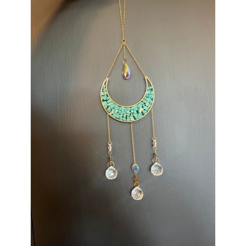 New Handmade Turquoise Crescent Moon Crystal Suncatcher